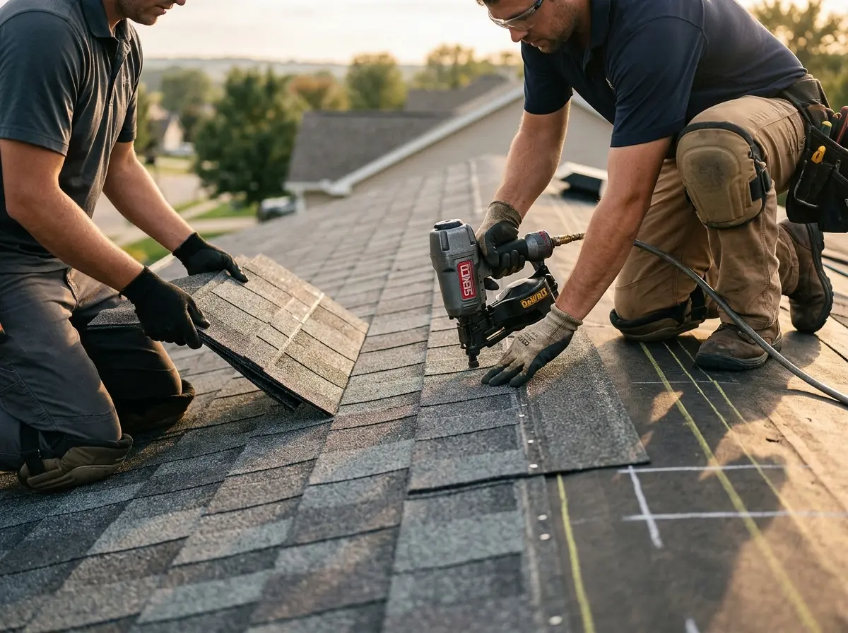 Professional roofer working on a residential roof in Krum